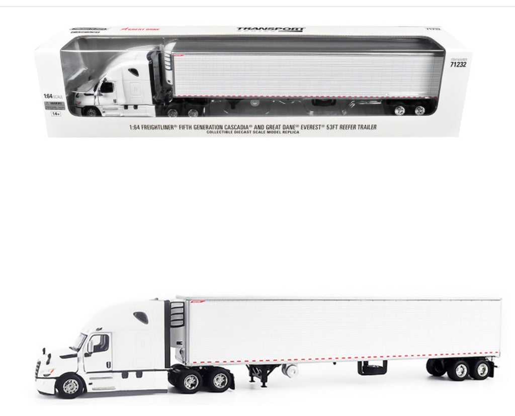 2025 Freightliner Cascadia Gen-5 Truck Tractor with Sleeper and Great Dane Champion 53ft Refrigerated Trailer Winter White "Transport Series" 1/64 Diecast Model by Diecast Masters