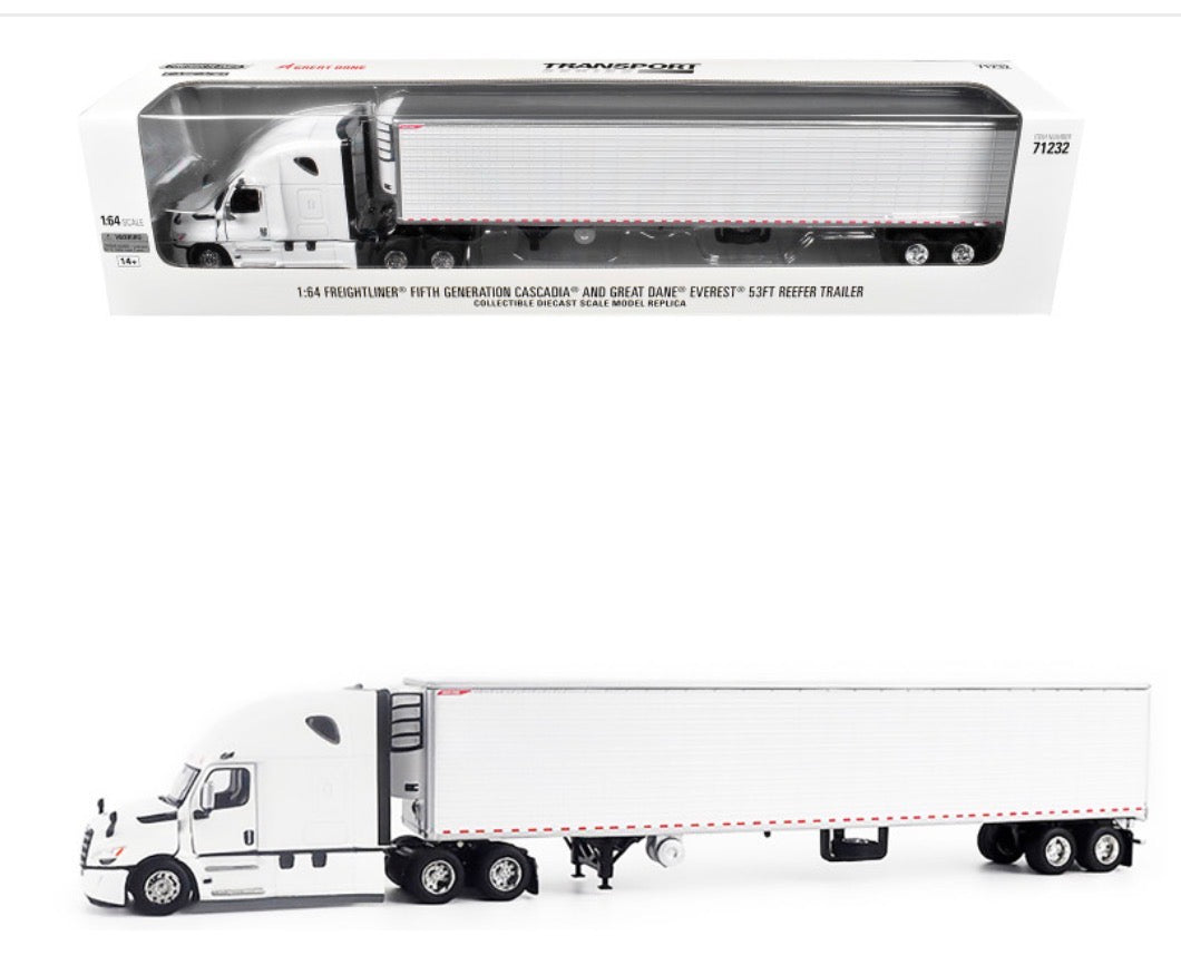 2025 Freightliner Cascadia Gen-5 Truck Tractor with Sleeper and Great Dane Champion 53ft Refrigerated Trailer Winter White "Transport Series" 1/64 Diecast Model by Diecast Masters